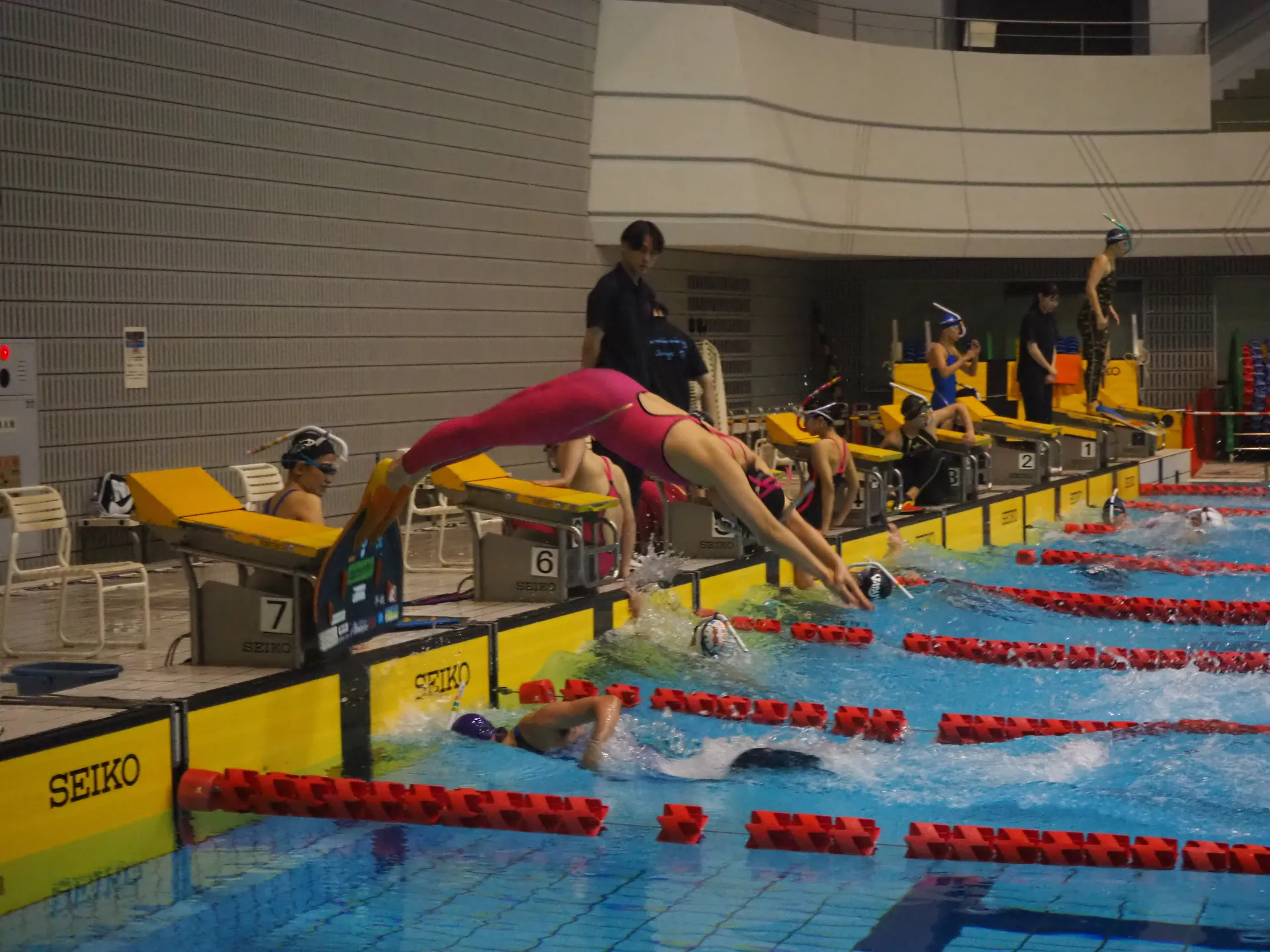 フィンスイミング大会でスタート台から飛び込む選手とプールで泳ぐ競技者たち