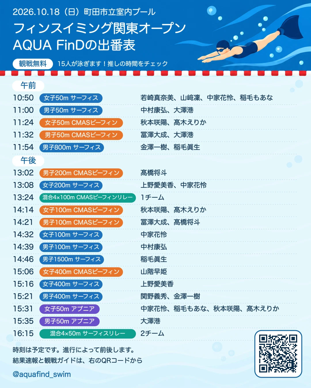 関東オープン2026 AQUA FinDの出番表。10:50の女子50mサーフィスから16:15の混合4×50mサーフィスリレーまで、19レースの予定時刻と出場メンバー